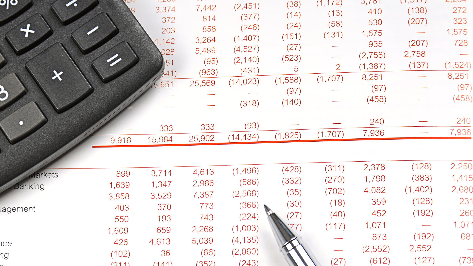 Calculatrice et stylo posés sur un tableau de chiffres, représentant l'analyse des données financières